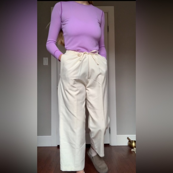 Lined Creme Dress Pants with Drawstring - Picture 1 of 4